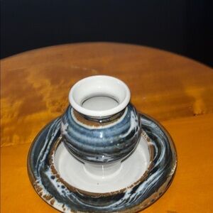 handmade or artisanal Black Blue and White Ceramic Vase/candle holder